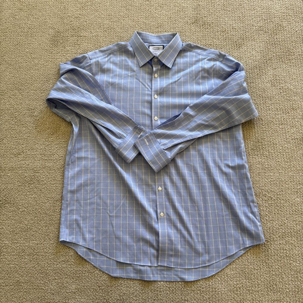 Charles Tyrwhitt Classic Fit Cotton Dress Shirt 17/35 Blue Grid Check Non-Iron